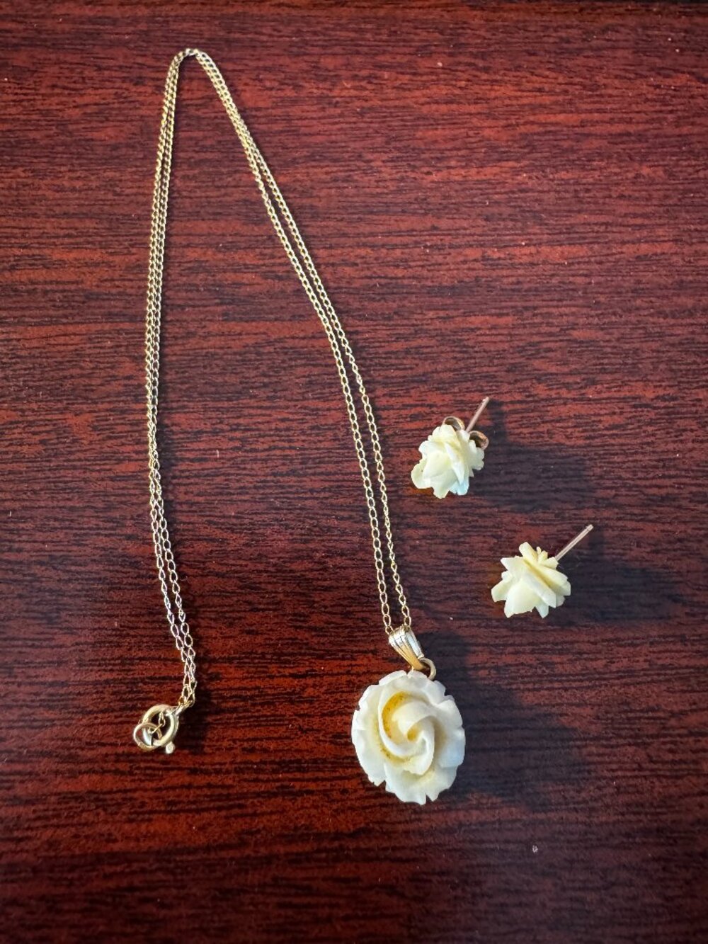 Delicate Ivory carved Rose jewelry set - necklace and matching earrings